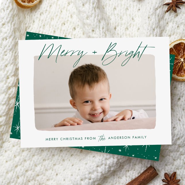 Cartes Pour Fêtes Annuelles Moderne Photo de script vert Merry and Bright (Créateur téléchargé)