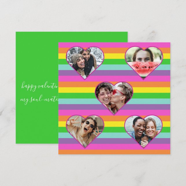 Cartes Pour Fêtes Annuelles Moderne Rainbow Heart 5 Script photo Monogramme Ho (Devant / Derrière)