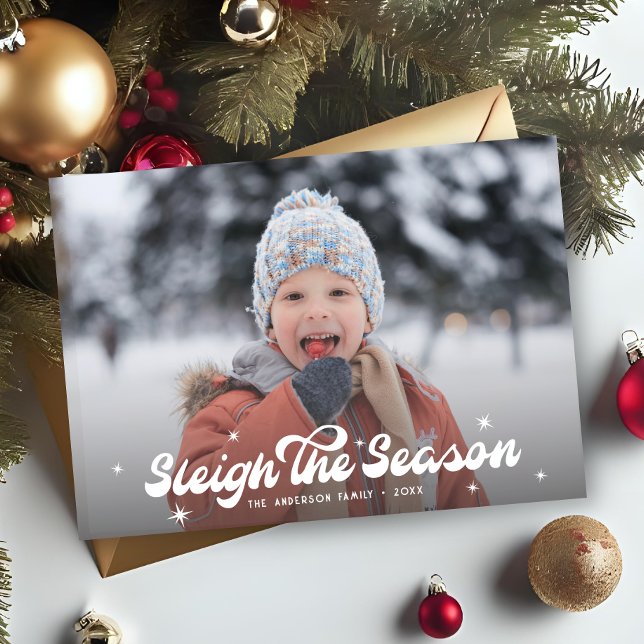 Cartes Pour Fêtes Annuelles Moderne Retro Sleigh La Saison Photo Noël (Créateur téléchargé)