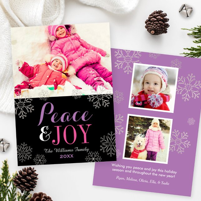 Cartes Pour Fêtes Annuelles Moderne rose violet paix et joie Flocon de neige p (Créateur téléchargé)