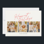 Cartes Pour Fêtes Annuelles moderne rouge simple 4 photo collage heureux<br><div class="desc">moderne simple 4 photo collage script happy Holiday Card. Cette carte élégante comprend un collage photo de 3 photos sur le devant et 1 sur le dos avec texte et arrière - plan personnalisés.</div>