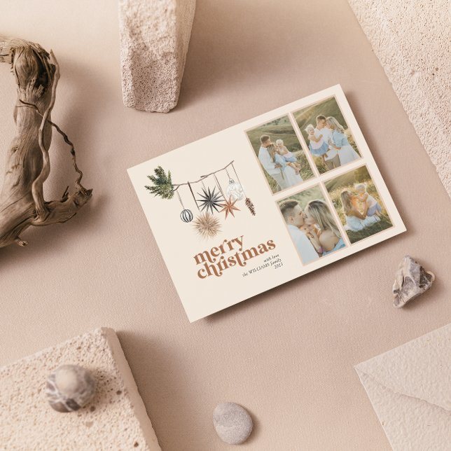 Cartes Pour Fêtes Annuelles Moderne Scandi Boho Neutral Famille 4 Photo Joyeux (Créateur téléchargé)