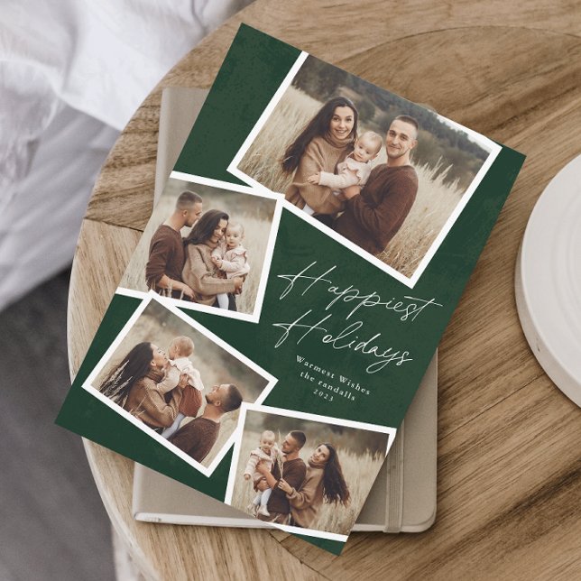 Cartes Pour Fêtes Annuelles Moderne Script 4 Photo Collage Le Plus Heureux (Modern script 4 photo collage happiest holidays card in dark green.)