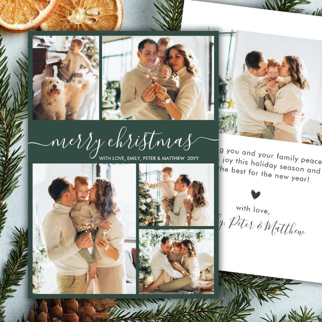 Cartes Pour Fêtes Annuelles Moderne Script 5 Photo Collage Vert Noël (Créateur téléchargé)