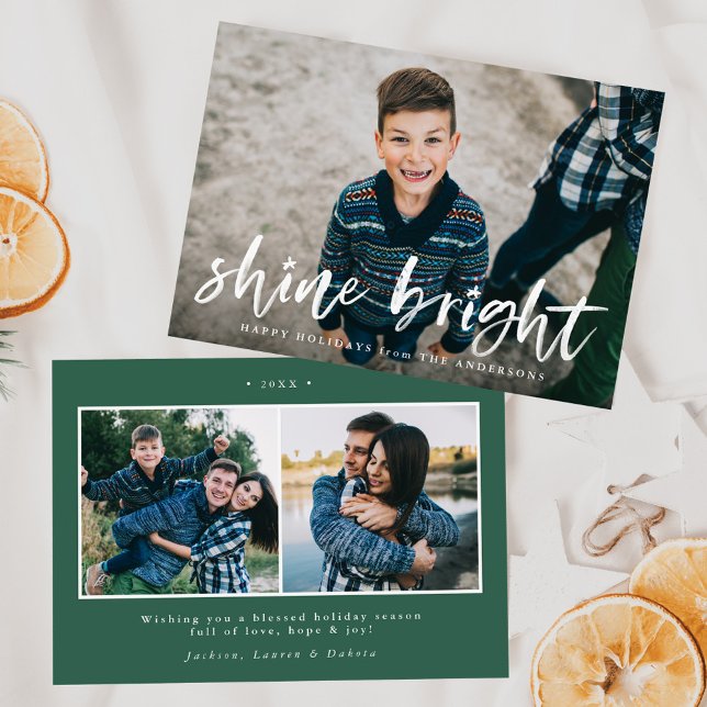 Cartes Pour Fêtes Annuelles Moderne Shine Bright Script Vert 3 Photo (Créateur téléchargé)