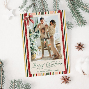 Cartes Pour Fêtes Annuelles Moderne Simple Stripes & Bow Joyeux Noël Photo