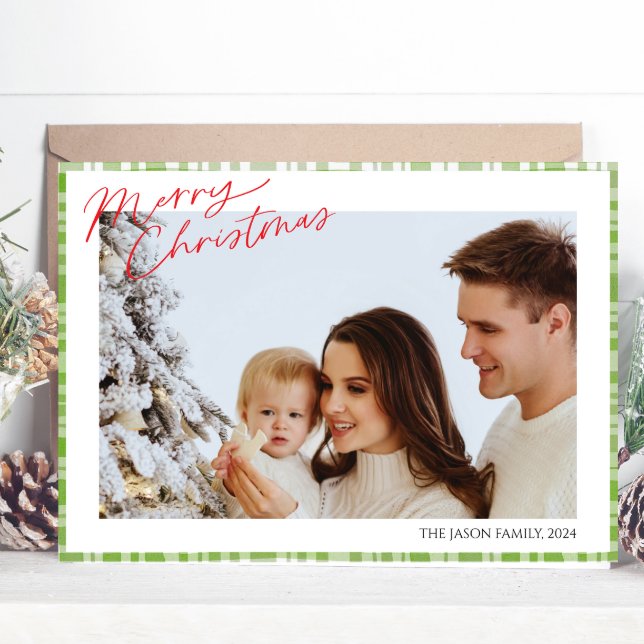 Cartes Pour Fêtes Annuelles Moderne tendance simple Green Check Plaid photo (Créateur téléchargé)