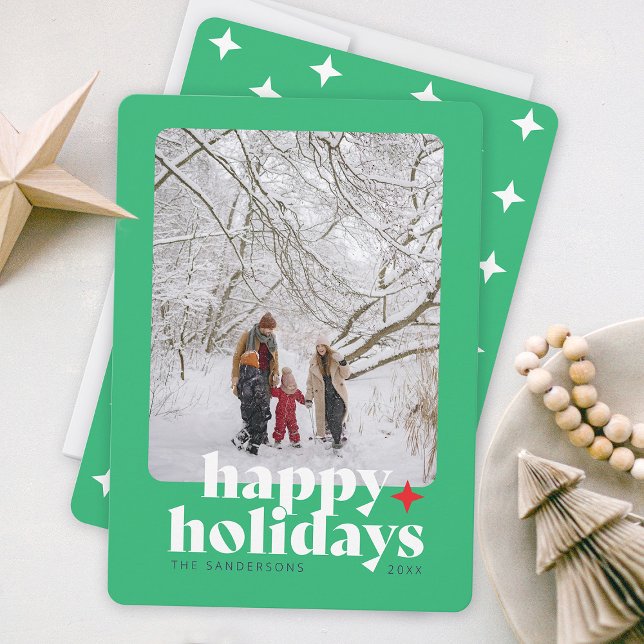 Cartes Pour Fêtes Annuelles Moderne Typographie Graphique Photo Verte Gras (Bold colorful happy holidays christmas card with family photo and stars )
