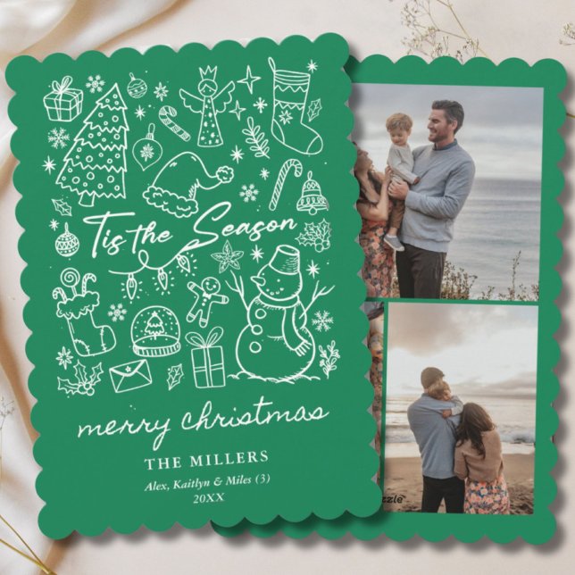 Cartes Pour Fêtes Annuelles Moderne vert C'est la saison Noël Doodle (Modern Green Tis the Season Christmas Doodle Holiday Card
)
