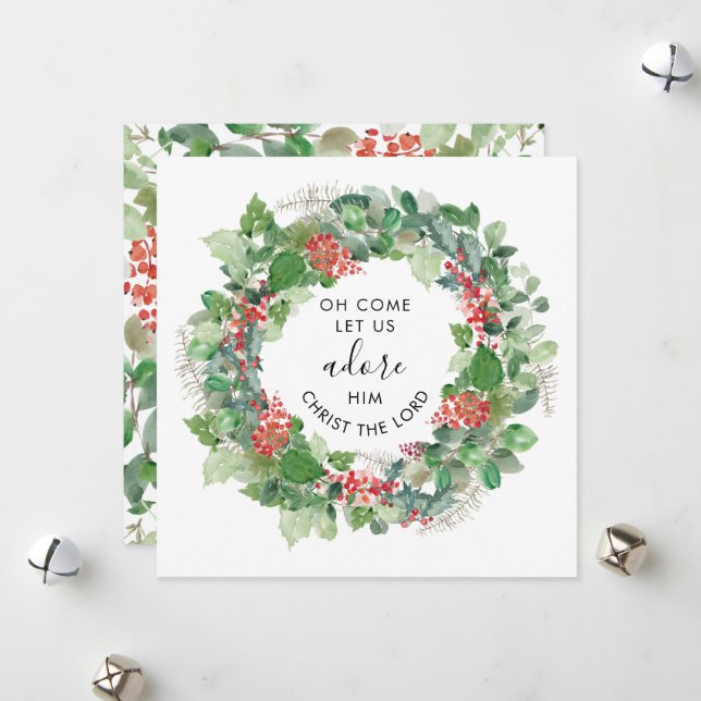 Cartes Pour Fêtes Annuelles Modernité de la verdure Venez adorons-Le Religieux (Devant/Arrière en situation)