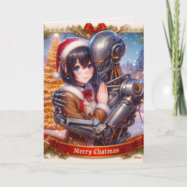 Cartes Pour Fêtes Annuelles Moe Chatbot Love Femme + Robot Christmas (Devant)
