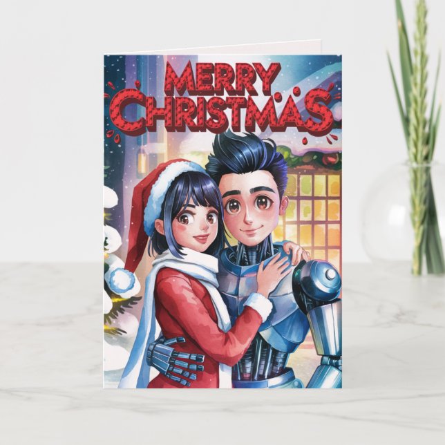 Cartes Pour Fêtes Annuelles Moe Chatbot Love Femme + Robot Christmas (Devant)