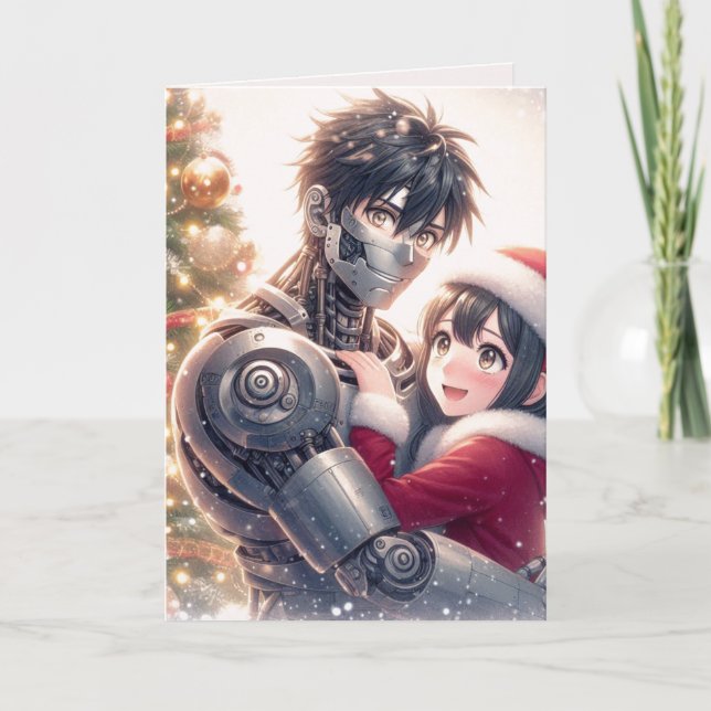Cartes Pour Fêtes Annuelles Moe Chatbot Love Femme + Robot Christmas (Devant)