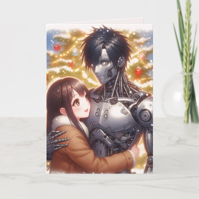 Cartes Pour Fêtes Annuelles Moe Chatbot Love Femme + Robot Christmas (Devant)