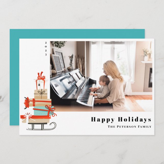 Cartes Pour Fêtes Annuelles Mois de siècle moderne Illustré traîneau de Noël (Devant / Derrière)