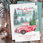 Cartes Pour Fêtes Annuelles Mom and Dad Vintage Red Truck and Christmas Tree<br><div class="desc">Merry Christmas Mom and Dad personalized holiday card with traditional watercolor design with vintage red truck and christmas tree,  set in a misty forest. Merry Christmas is lettered in festive calligraphy and the template is ready for you to personalize the rest of the wording as you wish.</div>