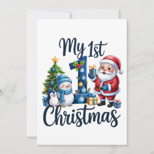 Cartes Pour Fêtes Annuelles Mon premier 1er Noël bébé garçon bleu Noël bonhomm