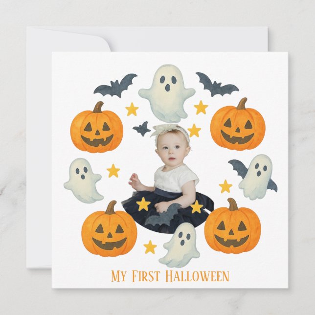 Cartes Pour Fêtes Annuelles Mon premier Halloween | Couronne de citrouille et  (Devant)