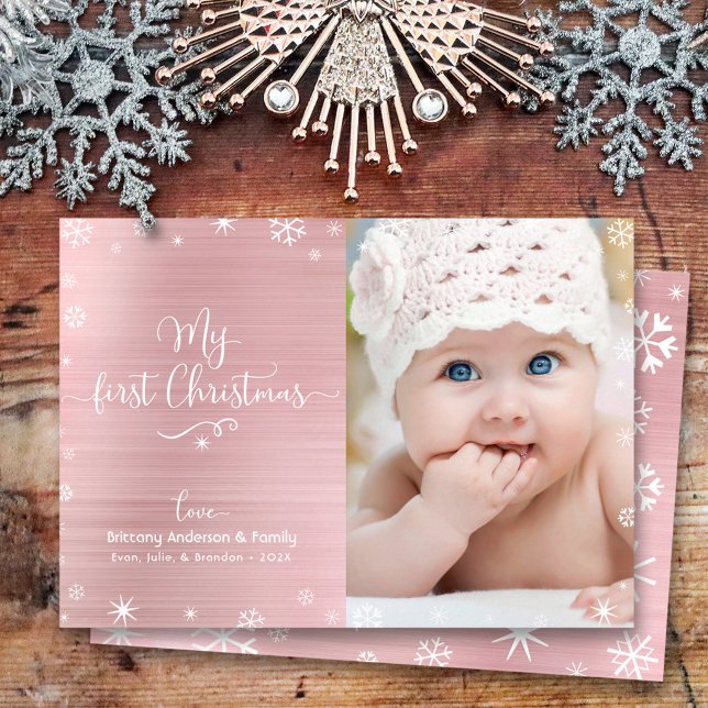 Cartes Pour Fêtes Annuelles Mon premier Noël Baby Photo Snowflakes Rose Gold (Créateur téléchargé)