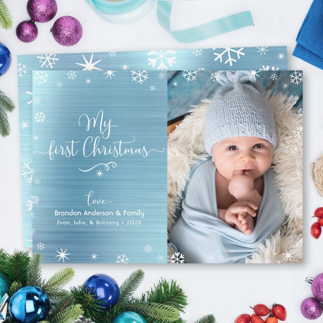 Cartes Pour Fêtes Annuelles Mon premier Noël Baby Photo Snowflakes Turquoise (Créateur téléchargé)