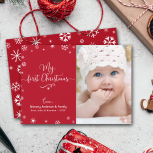 Cartes Pour Fêtes Annuelles Mon premier Noël Bébé Photo Snowflakes Chic Red