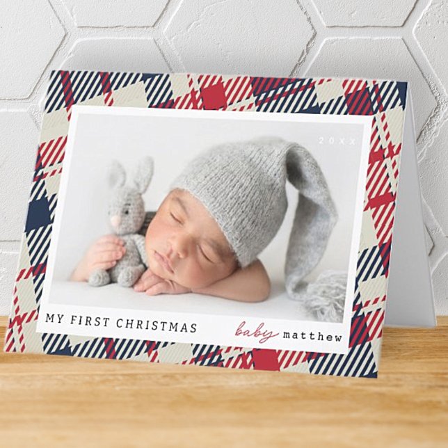 Cartes Pour Fêtes Annuelles Mon premier Noël moderne Plaid Baby Photo (Créateur téléchargé)
