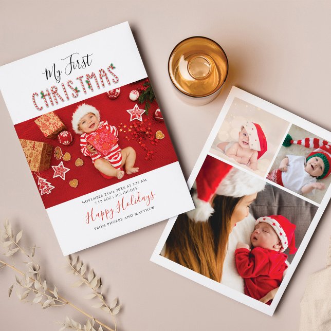 Cartes Pour Fêtes Annuelles Mon premier Noël Nouveau Collage photo bébé (Cute First Christmas Baby Photo Collage Holiday Greetings)