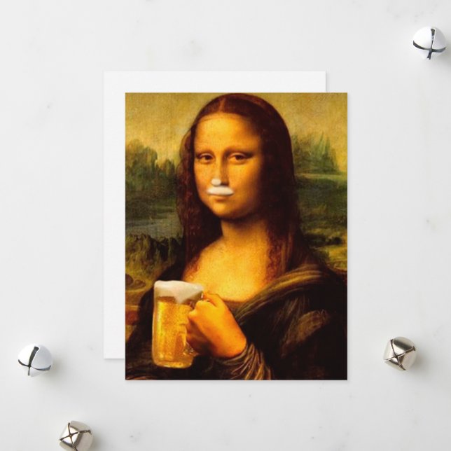 Cartes Pour Fêtes Annuelles Mona Lisa buvant de la bière Amateurs de bière (Devant/Arrière en situation)