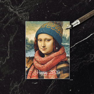Cartes Pour Fêtes Annuelles Mona Lisa in beanie - Happy 2026