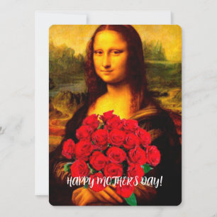 Cartes Pour Fêtes Annuelles Mona Lisa tenant des roses rouges heureux Fête des