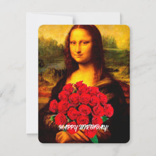 Cartes Pour Fêtes Annuelles Mona Lisa tenant des roses rouges Joyeux anniversa