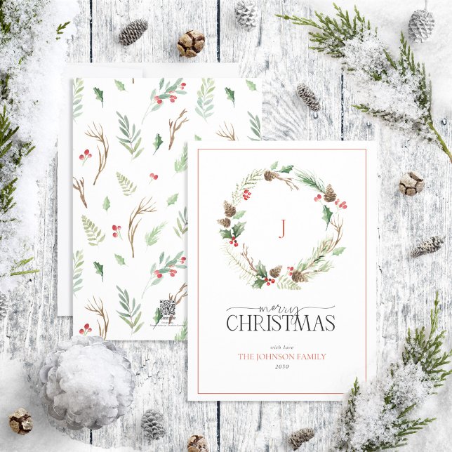 Cartes Pour Fêtes Annuelles Monogram Berry Pinecone Wreath Joyeux Noël (Créateur téléchargé)