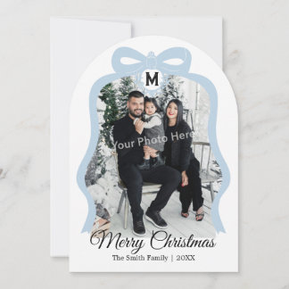Cartes Pour Fêtes Annuelles Monogram Bow Photo Christmas Flat Card - Blue