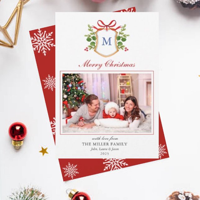 Cartes Pour Fêtes Annuelles Monogram Crest avec verdure Noël (Créateur téléchargé)