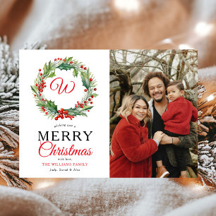 Cartes Pour Fêtes Annuelles Monogram Red Wreath Joyeux Noël Photo