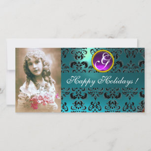 Cartes Pour Fêtes Annuelles MONogramme Améthyste NOIR ET BLEU DAMASK
