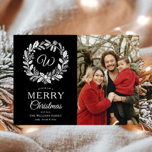Cartes Pour Fêtes Annuelles Monogramme Black Wreath Joyeux Noël Photo