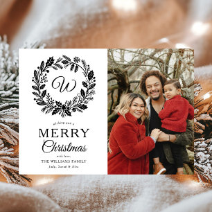 Cartes Pour Fêtes Annuelles Monogramme Black Wreath Joyeux Noël Photo
