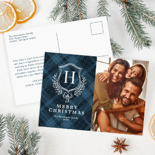 Cartes Pour Fêtes Annuelles Monogramme bleu plaid Photo Noël