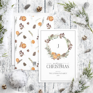 Cartes Pour Fêtes Annuelles Monogramme Boho hiver Citrus Wreath Joyeux Noël