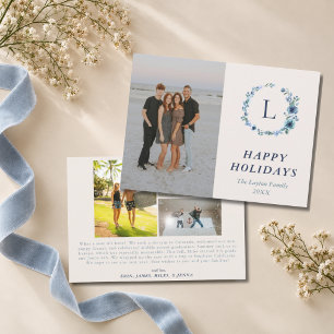 Cartes Pour Fêtes Annuelles Monogramme Couronne Bleue Aquarelle 4 Photo Famill