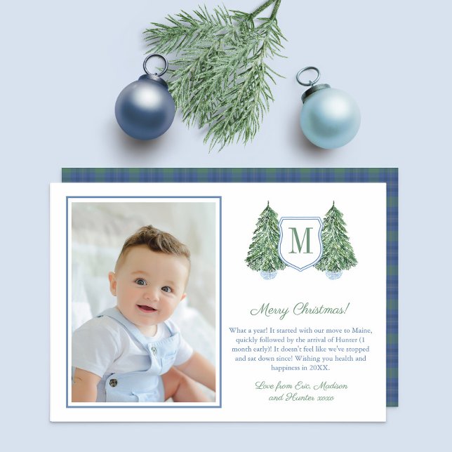 Cartes Pour Fêtes Annuelles Monogramme Crest sapin de Noël Joyeuses vacances P (Minimalist Christmas Tree in Blue And White planter, monogram and family picture, Tartan reverse.)