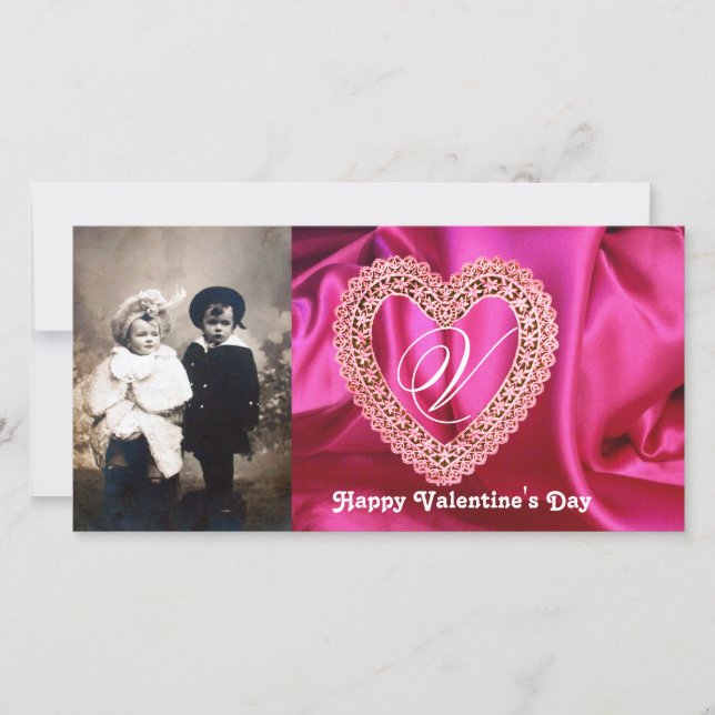 CARTES POUR FÊTES ANNUELLES MONOGRAMME DE COEUR DE LACE SOIE FUCHSIA VÊTEMENT, (Devant)