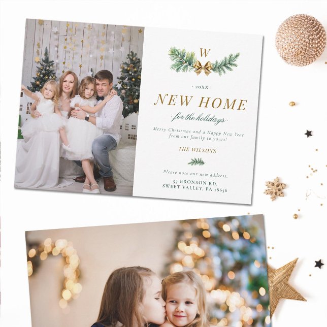 Cartes Pour Fêtes Annuelles Monogramme de famille en mouvement avec arc en or  (green gold elegant holidays christmas moving announcement card two photos modern calligraphy classy)
