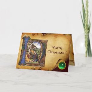 CARTES POUR FÊTES ANNUELLES MONOGRAMME DE LA NATIVITÉ PARCHEMENT DE NOËL JEU V
