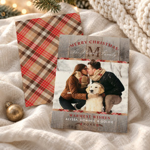 Cartes Pour Fêtes Annuelles Monogramme de Noël en tartan rouge bois rustique
