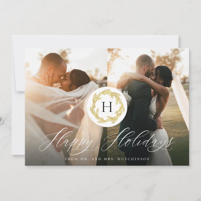 Cartes Pour Fêtes Annuelles Monogramme d'or Mr et Mrs Newlyweds 2 Photo Happy (Devant)