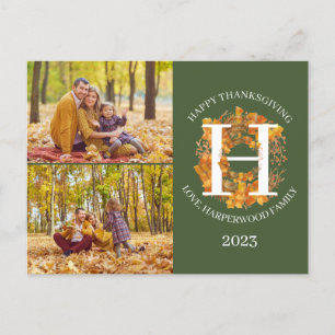 Cartes Pour Fêtes Annuelles Monogramme floral Thanksgiving Photo de famille Co