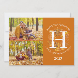 Cartes Pour Fêtes Annuelles Monogramme floral Thanksgiving Photo de famille Co