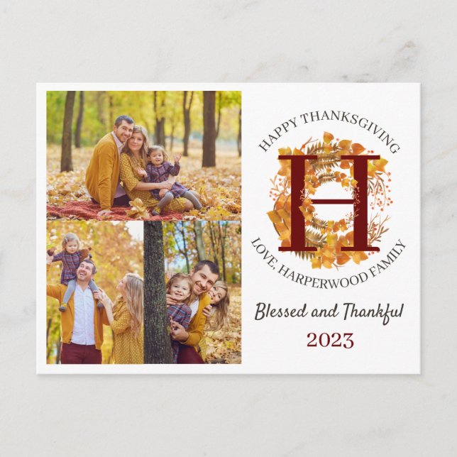 Cartes Pour Fêtes Annuelles Monogramme floral Thanksgiving Photo de famille Co (Devant)